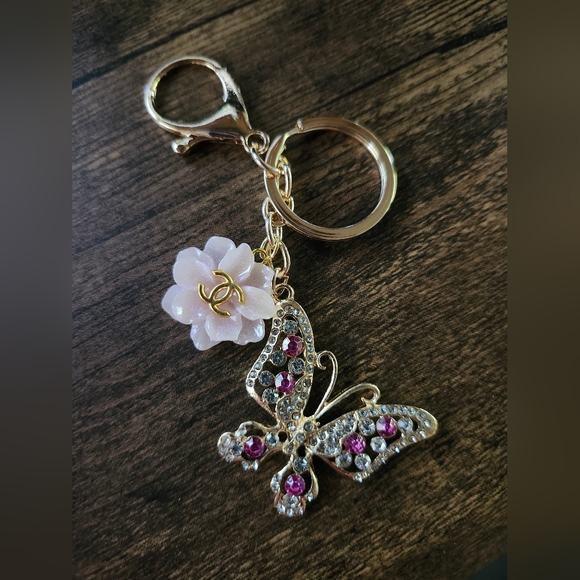 CHANEL Authentic Pink Charm With Upcycled Gold/ Pink Butterfly Flower Keychain - Picture 1 of 2